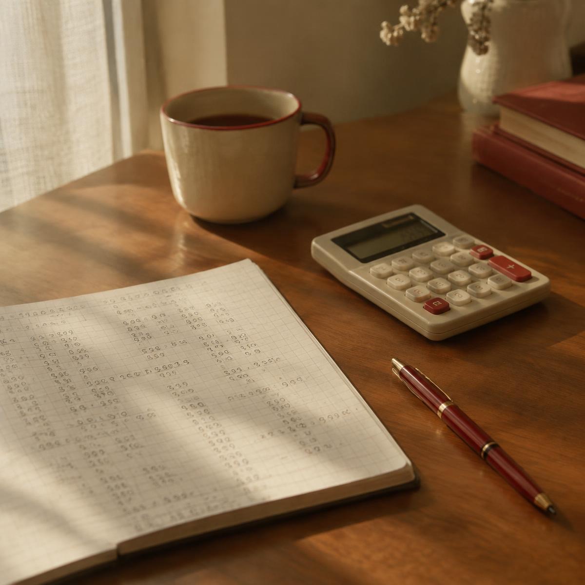 Notebook with figures and a calculator on a desk