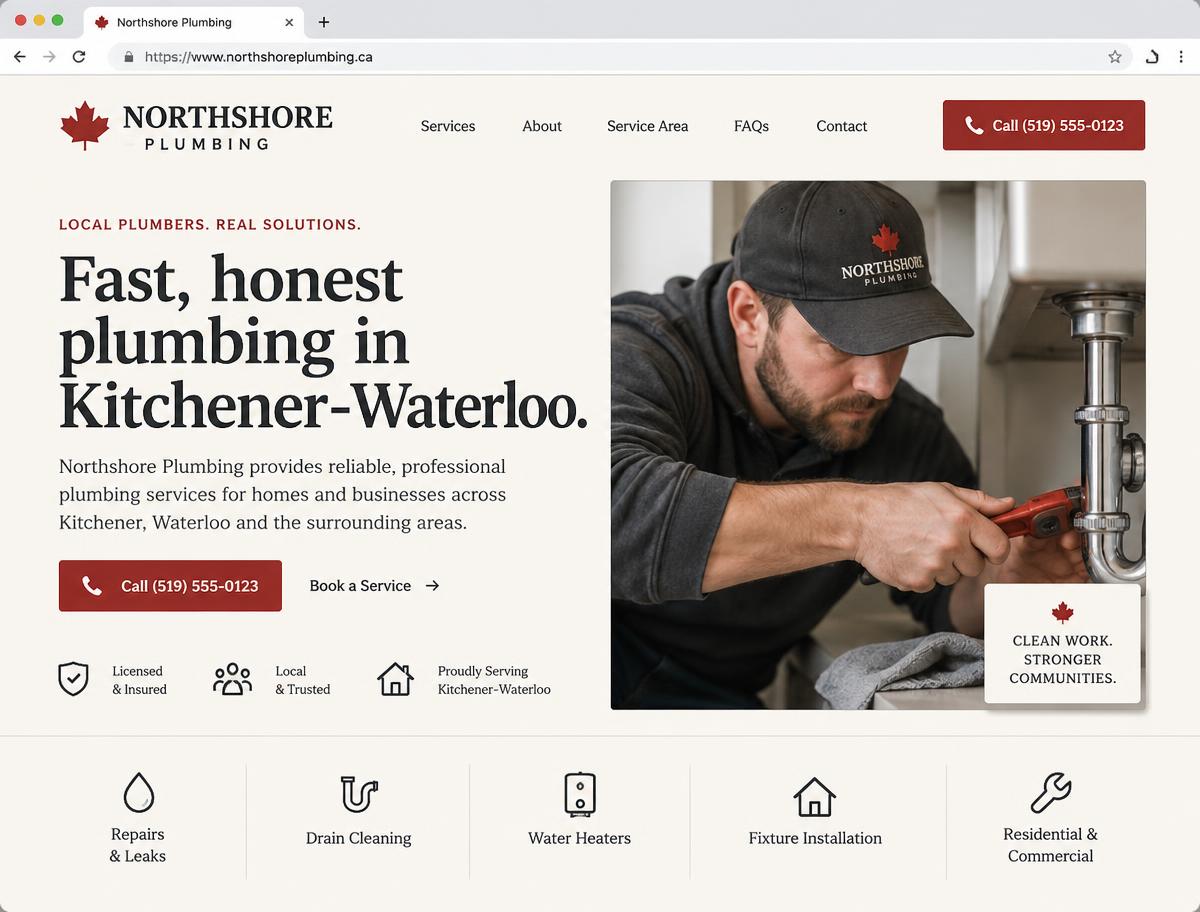 Sample homepage design for a plumbing company with a call button and service list