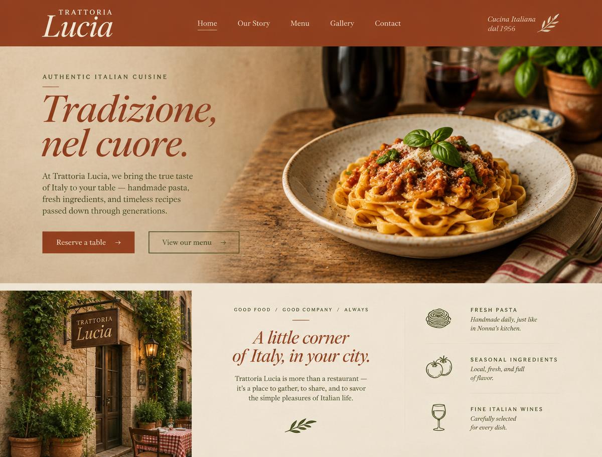 Sample homepage design for an Italian restaurant in terracotta with a reservation button