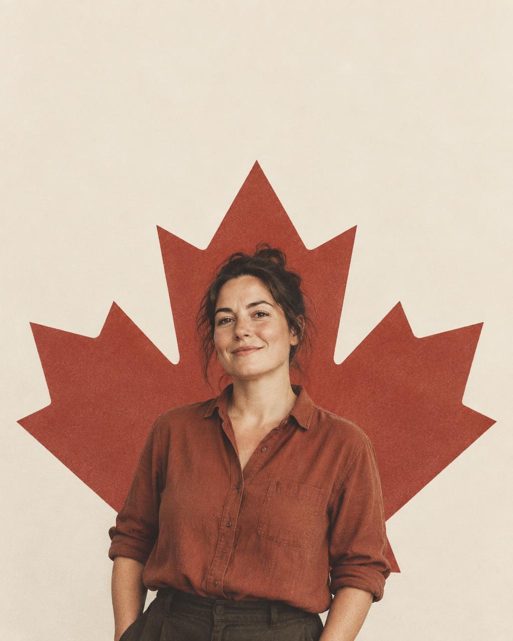Canadian small-business owner standing in front of a printed maple leaf