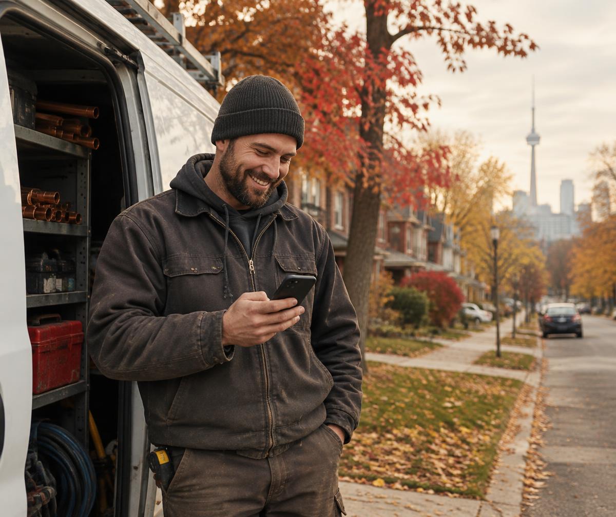 Tradesperson by his van checking his phone on an autumn street