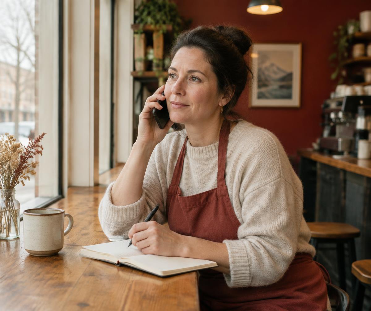 Café owner on a phone call taking notes at the counter